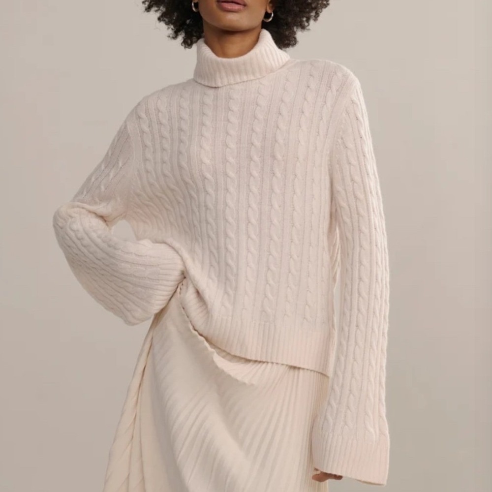 Jenni Kayne Ivory Cable Nell Turtleneck Sweater Wool Cashmere Relaxed Fit XS